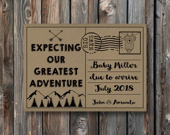 PRINTABLE Pregnancy Announcement Card Sign–Rustic Kraft Pregnancy Announcement Card–Pregnancy Reveal Card-Our Greatest Adventure Baby-PA22