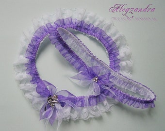 Lace Wedding Garter Set with Crystal Brooch, Lavender Garter, Bridal Garter Set, Modern Garter, Stretch Garter, Crystal Garter, Prom Garter