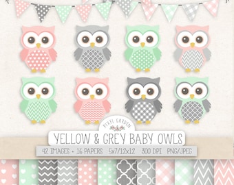 SALE. Baby Owl Clipart. Pink, Mint, Gray Nursery, Baby Shower Clipart. Pastel Digital Paper in Chevron, Polka Dot, Gingham. Pink Mint Owls.