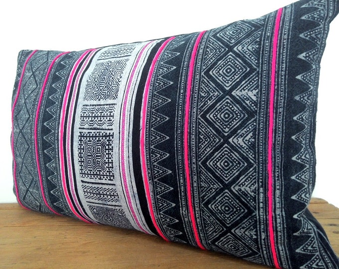 12" x 20" Indigo Hmong Handmade Batik Pillow Cover, Boho Hill Tribe Batik Cotton Lumbar Pillow Cover, Ethnic Textile Decor Pillow