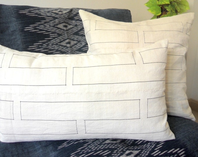 14"x24" Soft Handwoven White and Stripes Hmong Hill Tribe Cotton Pillow Cover, Vintage Natural Organic Textile Pillow, Boho Throw Pillow