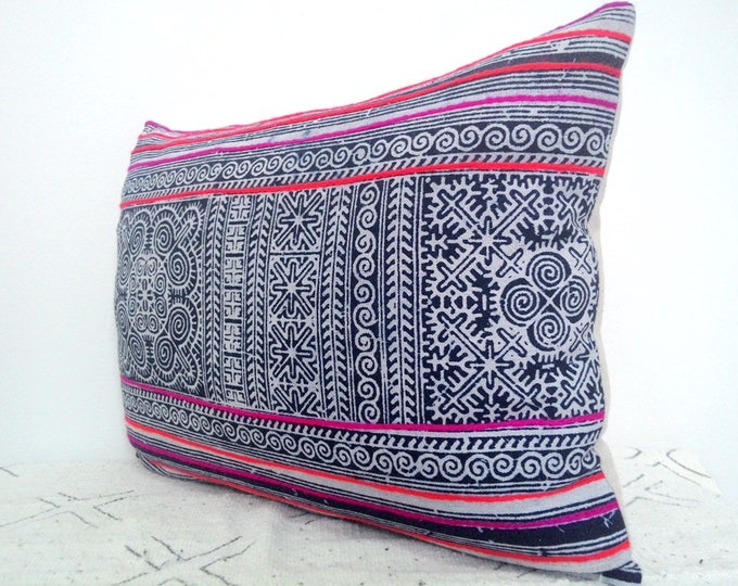 12"x16" Beautiful Hmong Batik Pillow Cover, Indigo Boho Boudoir Cushion, Tribal Decorative Pillow Case, Hill Tribe Ethnic Pillow
