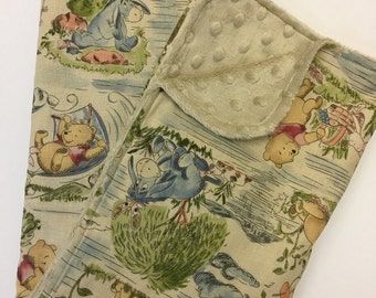 Winnie the Pooh Baby Blanket, Gender Neutral Minky Blanket, Lovey, Nursery Bedding, Pooh, Tiger, Piglet, Eyeore, Sand Minky Back