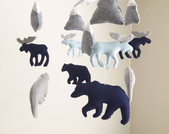 Bear moose mobile, baby mobile, mountain mobile, moose baby mobile, blue nursery decor, blue baby mobile, gray mobile, woodland mobile