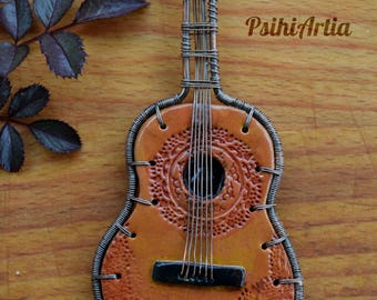 Polymer clay guitar Guitar pendant Acoustic guitar jewelry Guitar necklace Unisex jewelry Gift for musician Wire wrapped pendant Copper wire