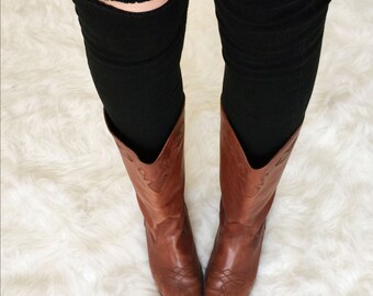 Classic Cowgirl Boots; Women's Vintage Tan Leather Cowboy Boots with Embroidered Details Size 10 Made in Italy