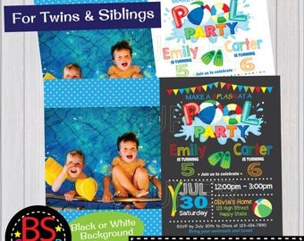 POOL PARTY Invitation, Two kids Pool Party Birthday invitation, Twins , Double Birthday Party invite, joint birthday party, sibling birthday