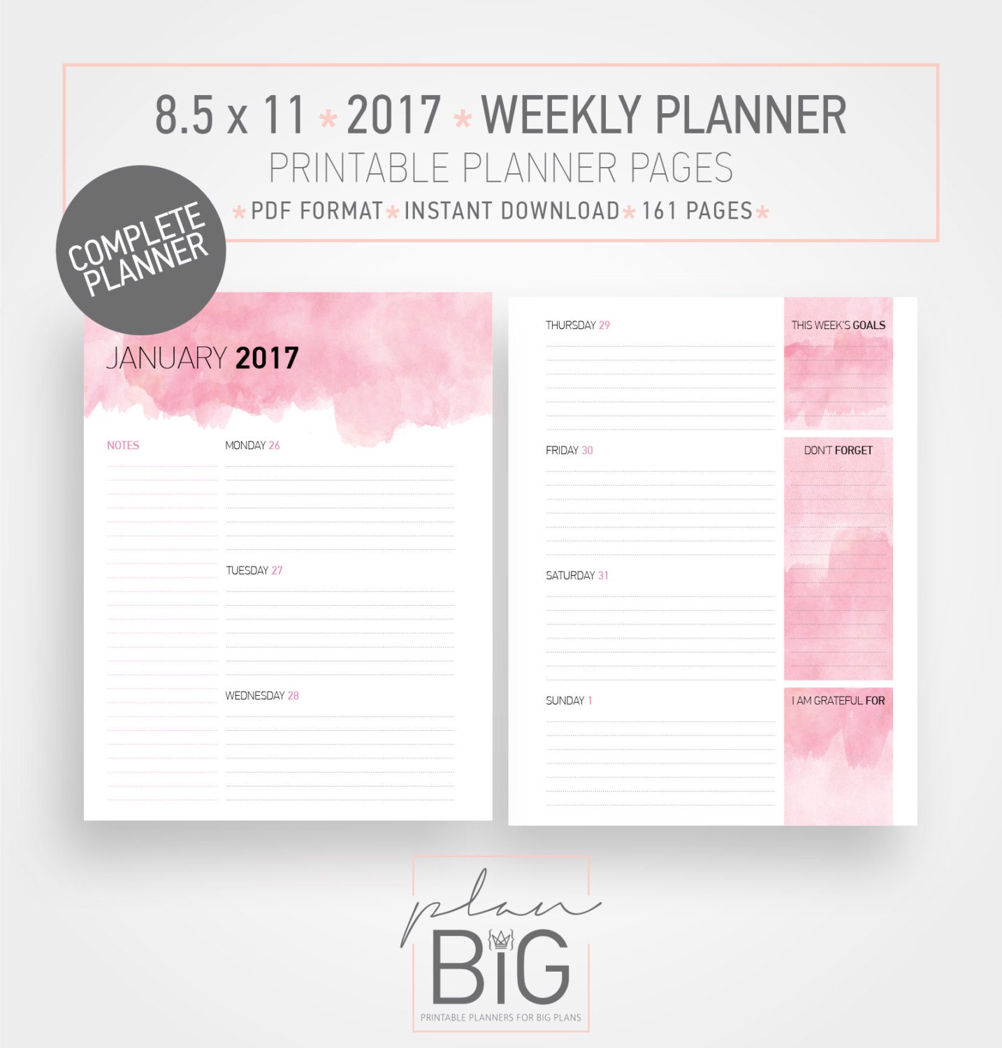 Printable 2017 Planner 8 5 X 11 Inserts Fit Mambi Big