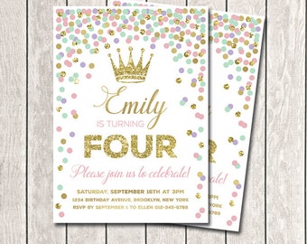 Princess Birthday Invitation Girl Birthday Invitation Pink Mint Purple Gold Confetti Invitation Any Age Printable Invitations 1st Birthday