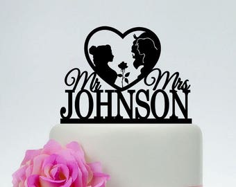 Beauty and The Beast,Disney Wedding Cake Topper,Mr and Mrs Cake Topper,Prince and Princesses Cake Topper,Belle Silhouette,Custom Topper C182