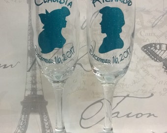 Disney Little Mermaid Ariel & Prince Eric Silhouette Champagne Glasses Wine Glasses Gift Boxed Personalised Set of 2 Disney Wedding Gift