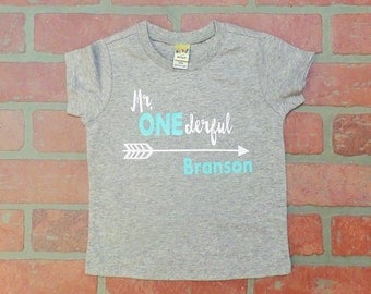 Personalized Boy's Heather Gray Mr. ONEderful First Birthday Shirt. Cake Smash Outfit. Boy's First Birthday shirt. Mr. Wonderful