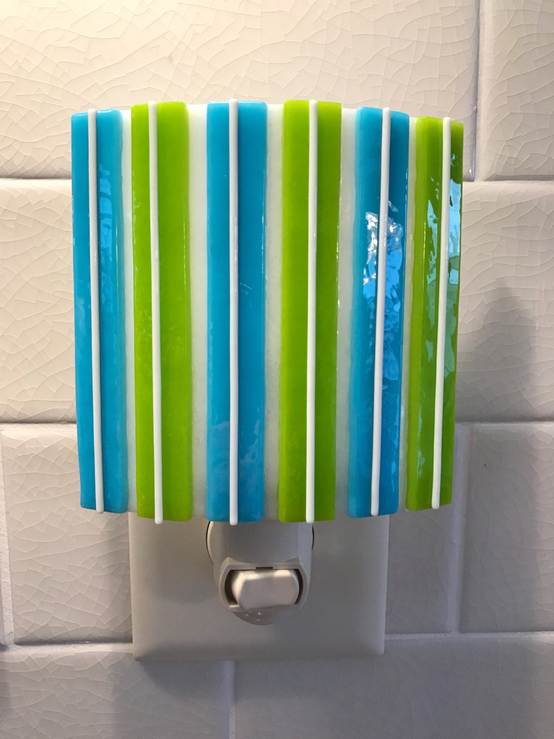 Tack Fused Glass Night Light Blue Green And White 5943