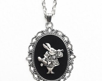 White Rabbit Necklace, Alice in Wonderland Jewelry, Silver Rabbit Pendant, Black Velvet Cameo, Antique Silver Frame, Gift For Her