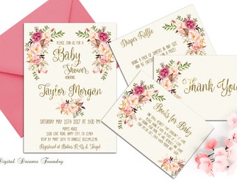 Baby Girl Shower Invitation Floral Baby Shower Invitation Printable Boho Baby Invitation Blush Pink Baby Shower Spring Baby Shower