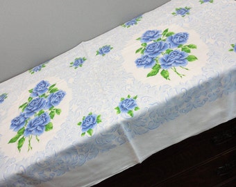 Vintage Blue Rose Medallion Cotton Rectangular Tablecloth - Blue Roses, Green leaves and Blue Swirled Background - 62 x 52