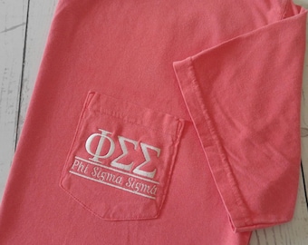 Sorority Shirts, Phi Sigma Sigma, Sorority T Shirt, Big Little Shirt, Greek Letter, Pocket T Shirt, Monogrammed Pocket, Personalized Shirt