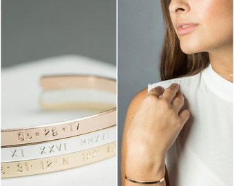 Minimalist Personalized Bracelets, Easter Gift Basket, Small Cuff Personalized Date in Yellow Gold, Wedding Date Bracelet, Spring Gift