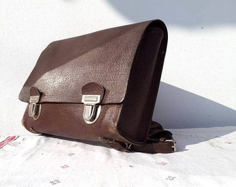 Old French Messenger bag / Oldschool bag / Genuine leather / Brown / Backpack leather / Kids Schoolbag / Sac à dos / Cartable ancien /