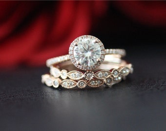 unique wedding ring set solid 14k rose gold moissanite ring set 65mm round cut moissanite - Unique Wedding Ring Set unique wedding ring set solid 14k rose gold moissanite ring set 65mm round cut moissanite - Unique Wedding Ring Set