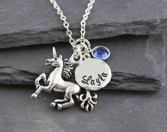 Unicorn necklace, personalized jewelry, name necklace, swarovski birthstone, personalized unicorn gift, birthstone necklace, hand stamped