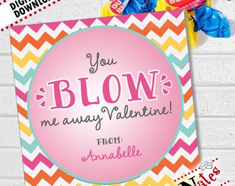 Bubble Gum Valentine, Blow Me Away Valentines, Kids Valentines Cards, Valentine's Cards, Valentine's Day Tags | PRINTABLE