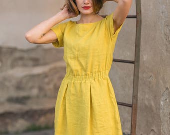 Soft linen dress. Linen dress with elastic waist. Soft linen dress with pockets.