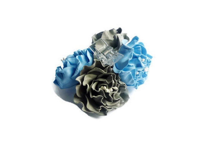 Gray Blue Flower Hair Claw clasp Roses hair piece Bridal Wedding hair flowers Handmade Hair clip Hairpin Event battleship gray azure Gift