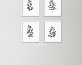 Leaf art set - Watercolor leaves wall art - Black and white prints - Minimalist decor - Minimalist gallery wall - Fern leaves art
