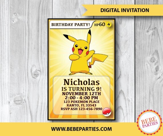 DIGITAL Pokémon Pikachu Invitation Personalized Printable