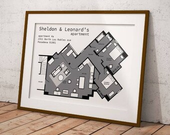 Big Bang Theory floor plans, TV floor plans print, Sheldon apartment, Floor plans print, Big Bang Theory print