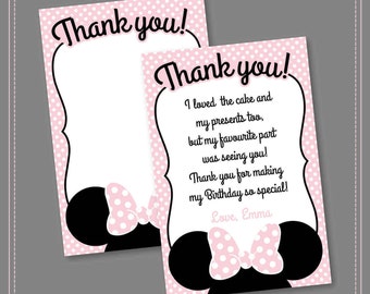 Minnie Mouse Thank you Card, Printable Girls Party Invitation, Black White Polka Dots and Pink, Second Birthday, Oh Two-dles