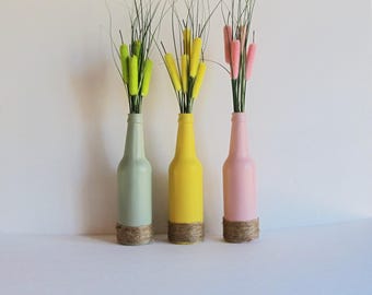 Easter Vase Set, Easter Table Decor, Pink Painted Bottle, Rustic Home Decor, Recycled Beer Bottle, Twine Wrapped, Painted Vases, Easter Gift