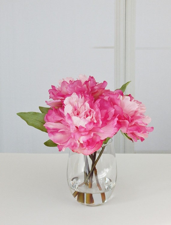 Pink/hot pink silk peony/peonies glass vase faux water