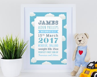 Personalised new baby boy typography birth print in blue with clouds for gift, nursery with or without frame