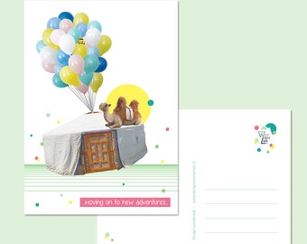 Postcard 'Moving on to new adventures' - new home card, collage illustration, quirky moving announcement, happy snail mail, fun stationery