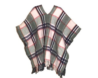 Vintage Fringed Wool Blanket Poncho-Reversible, Plaid