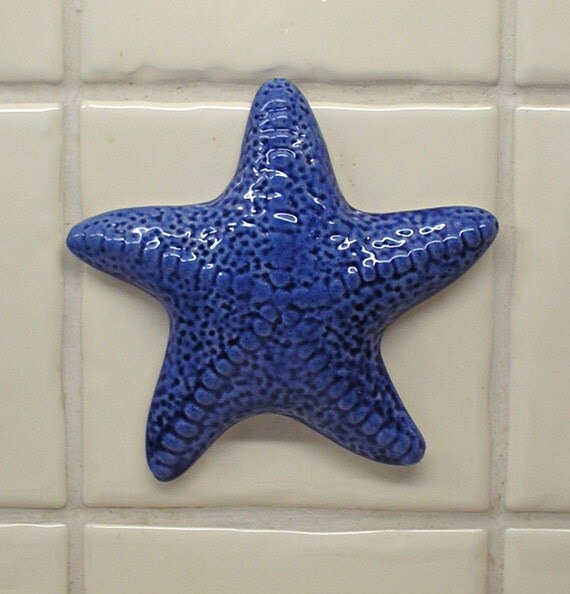 Blue ceramic starfish tile applique. Stick on hand painted sea