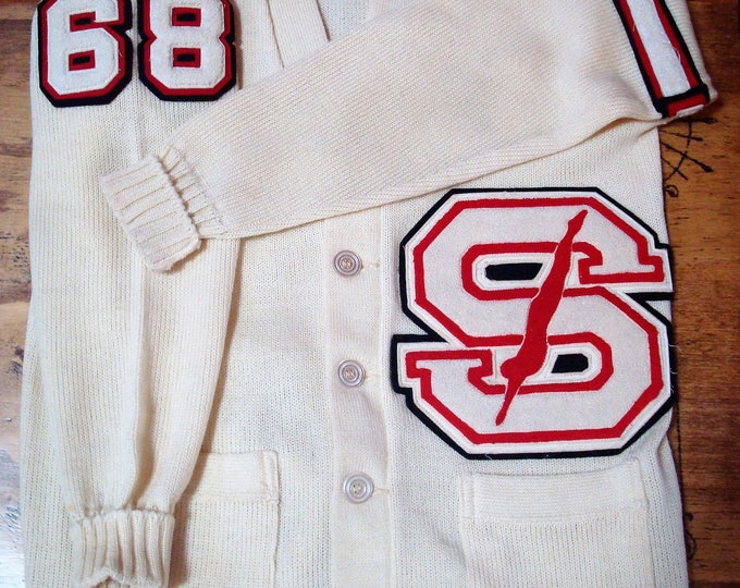 Vintage College Varsity Letterman Cream Colored Wool Sweater with Numerals in Near Mint Condition by COANE ca. 1960's