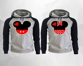 Mickey and Minnie Couple Hoodies Mickey Minnie Raglan Hoodies pärchen pullover Couple Matching Hoodies Mickey Hands Hoodies Grey-Black
