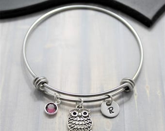 Owl Bangle Bracelet - Silver Owl Jewelry - Gift for Owl Lovers - Owl Themed Gift