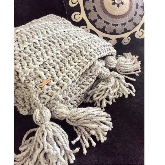 Chunky Crochet Blanket // Wool Blend Blanket With Tassels