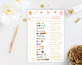 Nursery Rhyme Emoji Quiz ~ Pink and Gold Baby Shower Game ~ Baby Girl Stars ~ Printable Game 0022PG