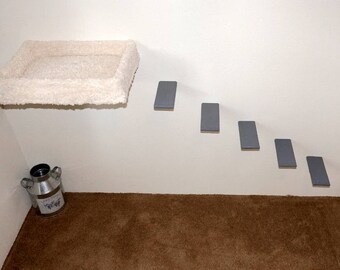 Combo Set: Wall Mounted Free Floating Cat Bed & 5 Deluxe Wooden Cat Steps, Cat Stairs Wood Crafted, Cat Furniture Accessories, Plush Pet Bed