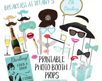 Breakfast at Tiffany's Photo Booth Props Audrey Hepburn Bridal Shower Bachelorette Engagement Party Printable Photobooth Sign Wedding