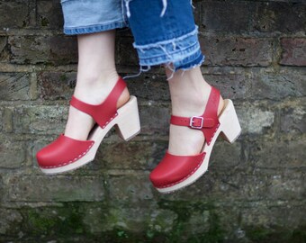 Swedish Clogs Highwood Red Leather by Lotta from Stockholm / Wooden Clogs / Summer Sandals / High Heel / Mary Jane Shoes / Made in Sweden