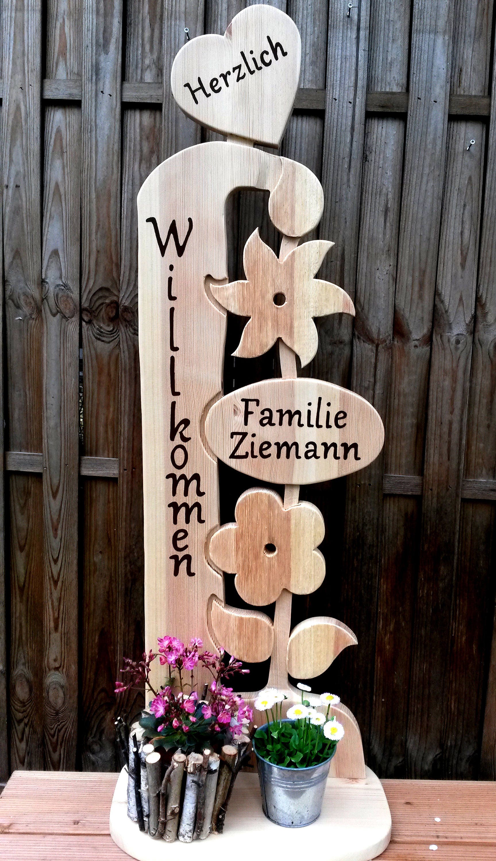 Herzlich Willkommen 110 m Stele Holz Familie