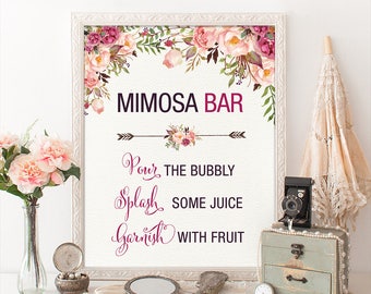 Printable MIMOSA BAR. Floral Bridal Shower Sign. Rustic Bohemian Boho Garden Bridal Shower Decoration. Calligraphy Flower Sign. Decor. FLO7