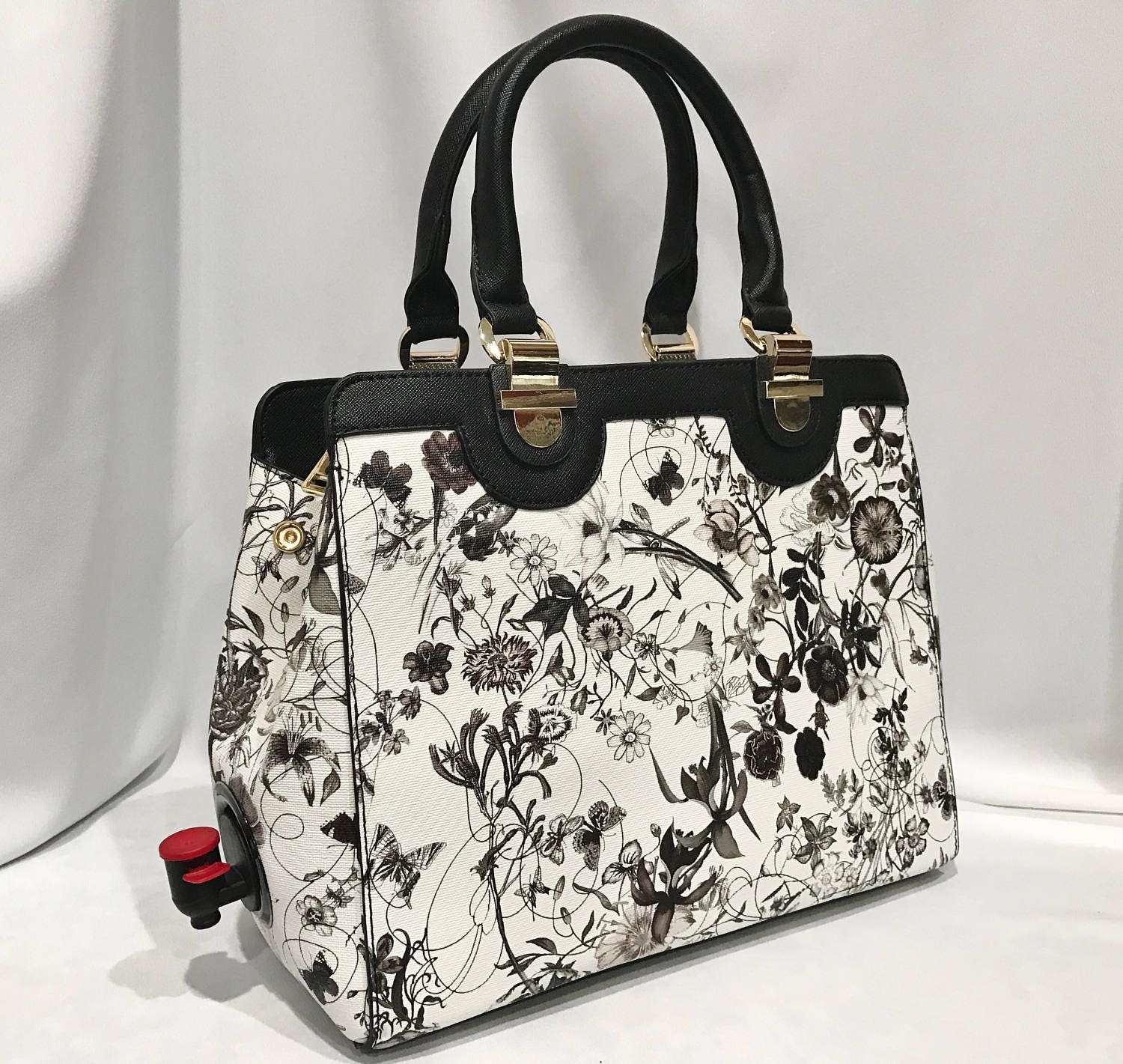 Charming Wine Purse with Dispenser Black & White Floral