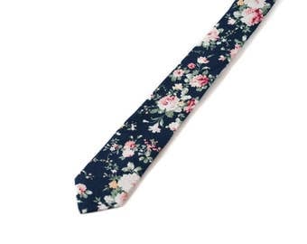 Men's Skinny Floral Tie | Vintage Blossom | Navy Floral Tie w/ Blush Pink Roses | Groomsman Gift, Handmade Wedding Party Necktie